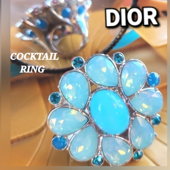 DIOR GLAM Turquoise Blues Silver MEGA Sparkly Rhinestones Gaudy Cocktail RING 2" - Picture 4 of 16